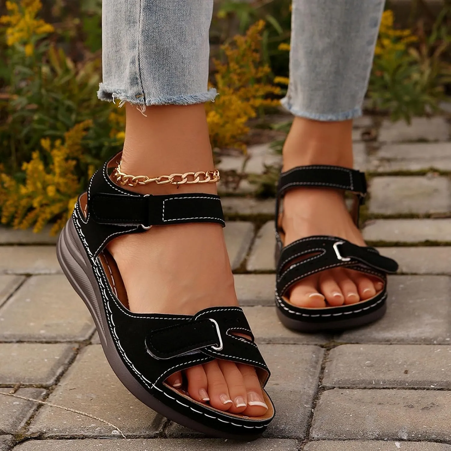 SuanlaTDS Orthopedic Wedge Sandals for Women Comfortable Summer Dressy Open Toe Platform Sandals with Arch Support Casual Boho Low Wedges Heels Sandals Outdoor Beach Dress Shoes