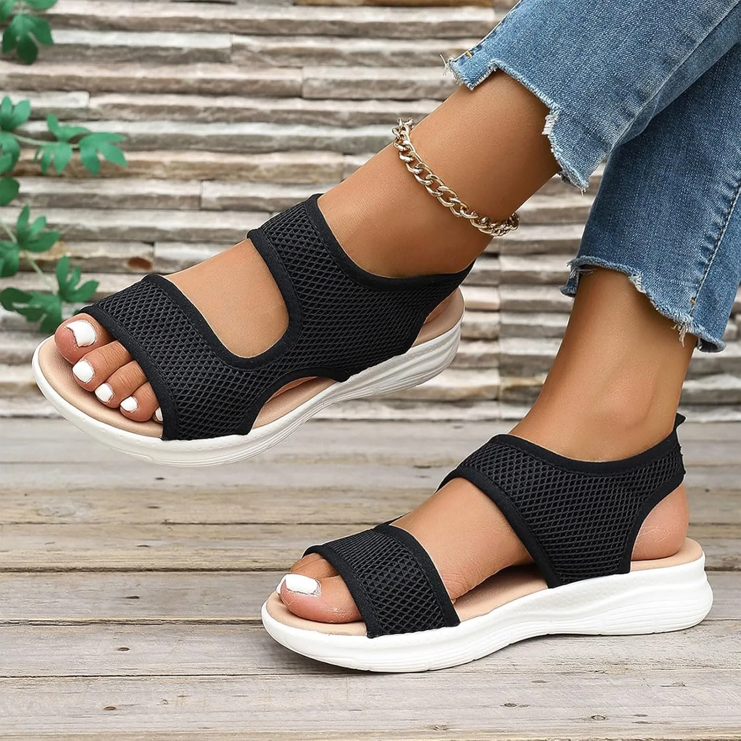 SuanlaTDS Walking Sandals for Women Comfortable Wedge Platform Open Toe Breathable Mesh Lightweight Casual Outdoor Summer Beach Flat Slingback Slip On Low Heels Orthopedic Sandals