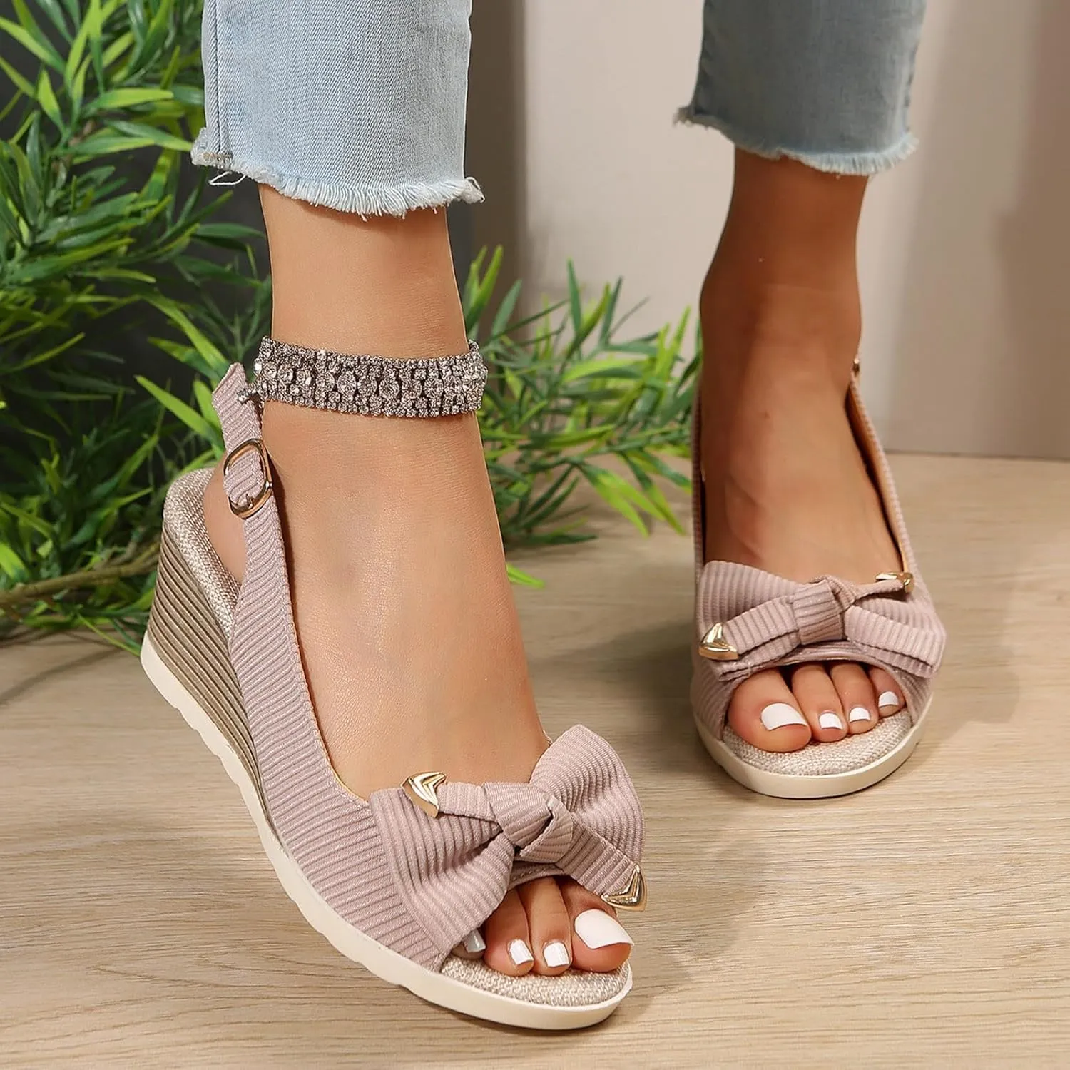 SuanlaTDS Wedge Sandals for Women Dressy Bow Peep Toe Buckle Ankle Strap Slingback Slip-on Casual Comfortable Summer Dress Shoes Wedges Low Heels Sandal for Outdoor Party Wedding Daily