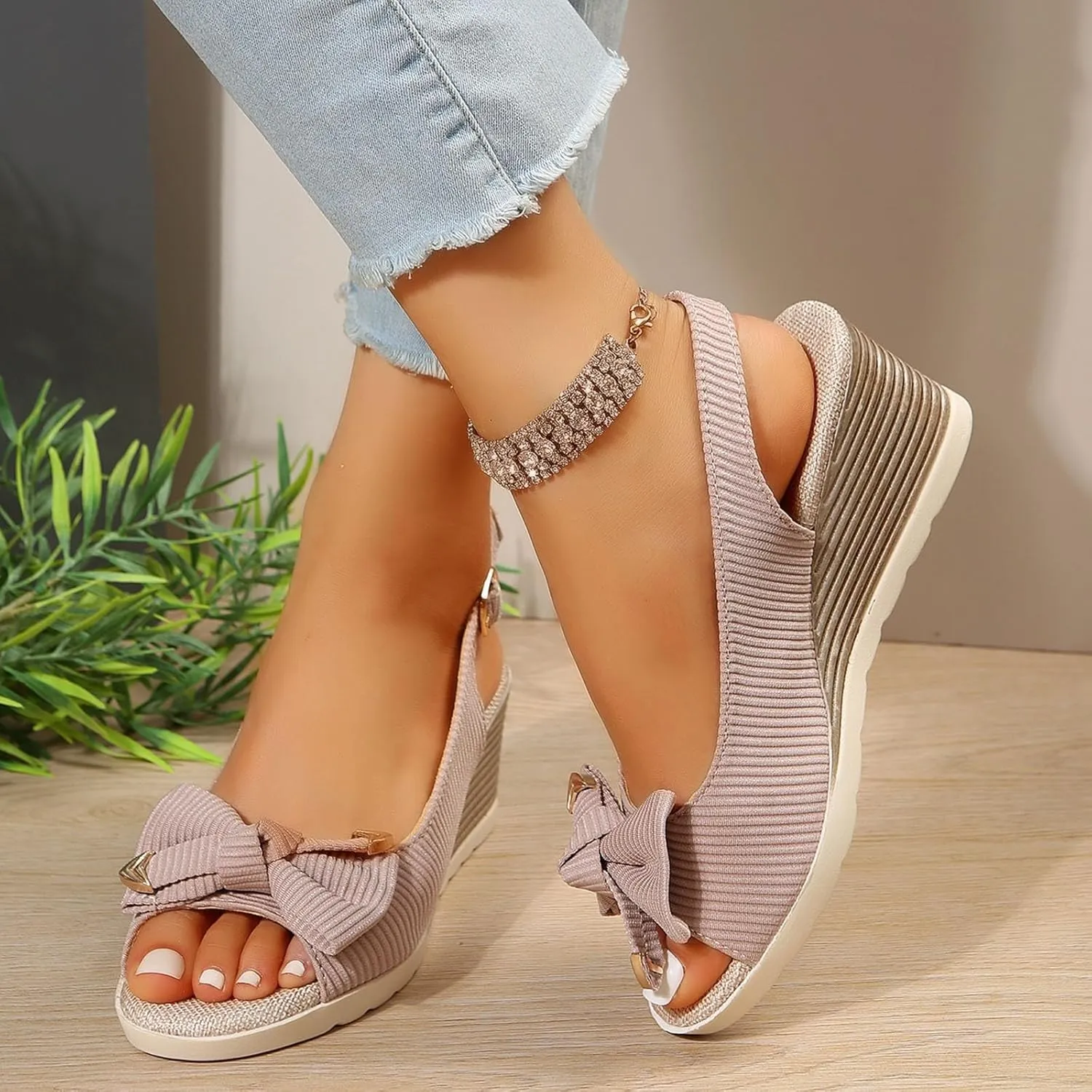 SuanlaTDS Wedge Sandals for Women Dressy Bow Peep Toe Buckle Ankle Strap Slingback Slip-on Casual Comfortable Summer Dress Shoes Wedges Low Heels Sandal for Outdoor Party Wedding Daily