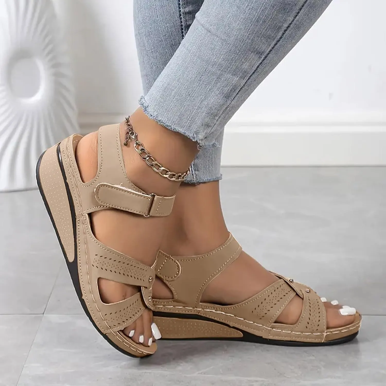 SuanlaTDS Women's Orthopedic Sandals Wedge 2025 Comfortable Arch Support Adjustable Ankle Strap Dressy Summer Open Toe Outdoor Walking Shoes Platform Low Heels Bohemian Wedges Sandal