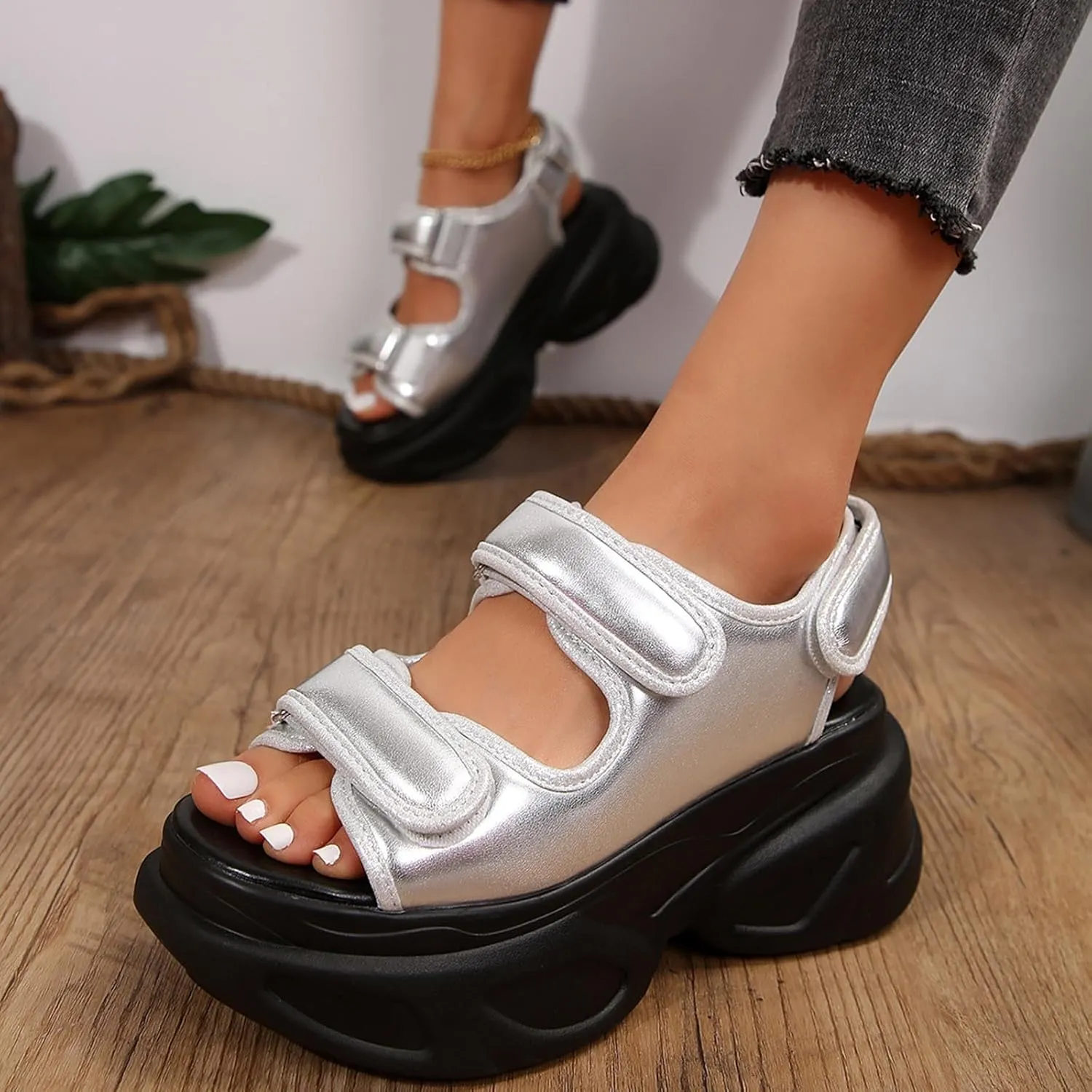 SuanlaTDS Women's Platform Sandals Comfortable Dressy Summer Hook & Loop Open Toe Wedge Arch Support Casual Waking Shoes Ankle Strap Chunky High Heels Thick Sole Orthopedic Sandal