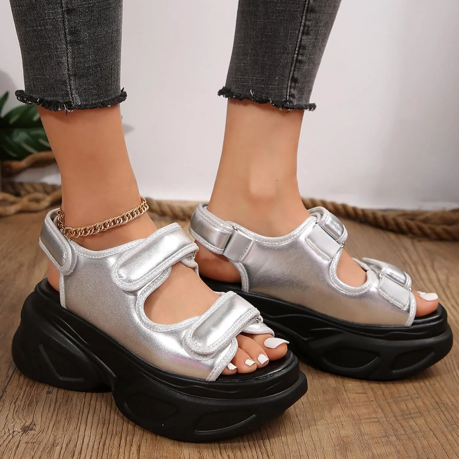 SuanlaTDS Women's Platform Sandals Comfortable Dressy Summer Hook & Loop Open Toe Wedge Arch Support Casual Waking Shoes Ankle Strap Chunky High Heels Thick Sole Orthopedic Sandal