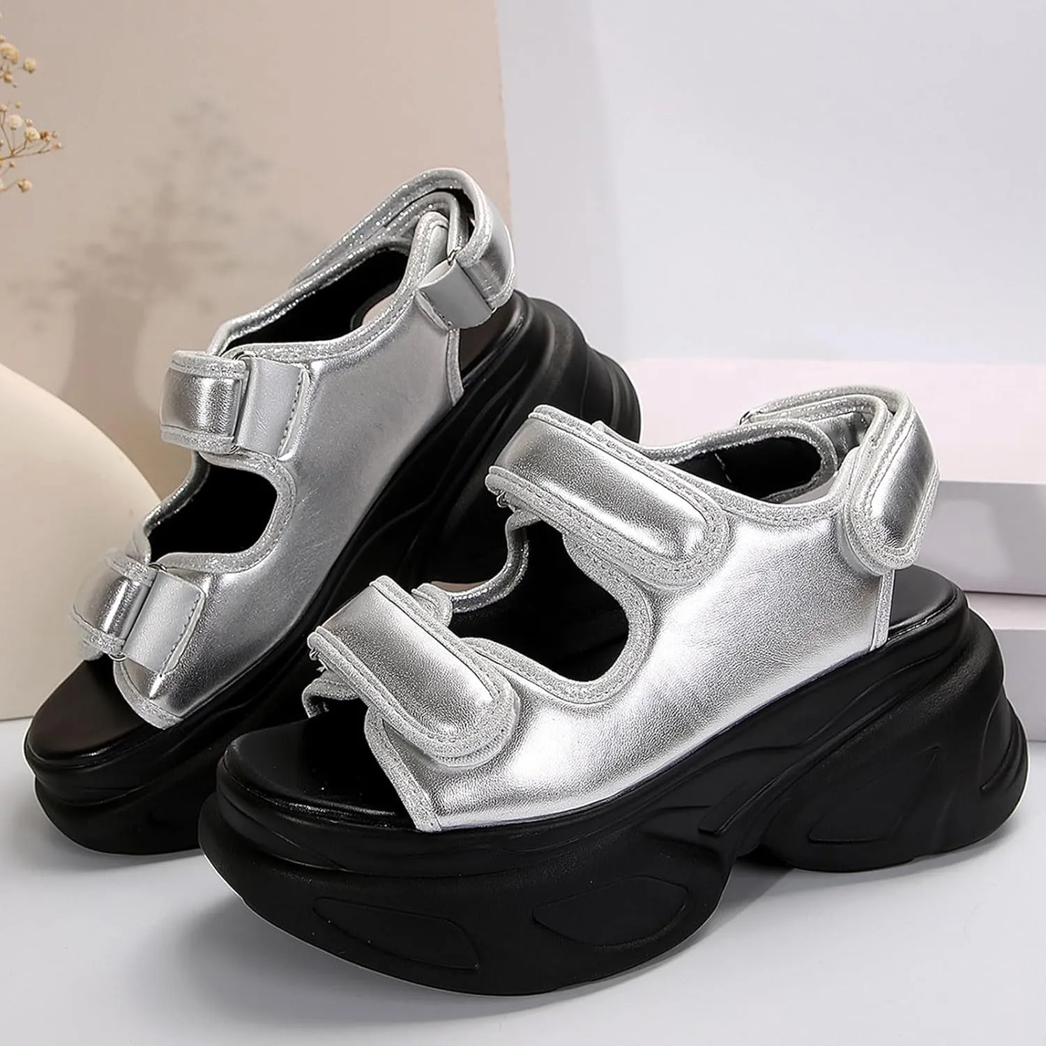 SuanlaTDS Women's Platform Sandals Comfortable Dressy Summer Hook & Loop Open Toe Wedge Arch Support Casual Waking Shoes Ankle Strap Chunky High Heels Thick Sole Orthopedic Sandal
