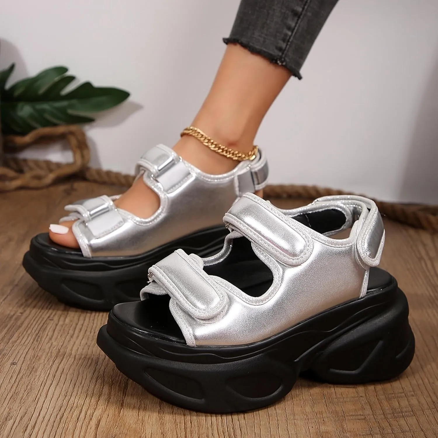 SuanlaTDS Women's Platform Sandals Comfortable Dressy Summer Hook & Loop Open Toe Wedge Arch Support Casual Waking Shoes Ankle Strap Chunky High Heels Thick Sole Orthopedic Sandal