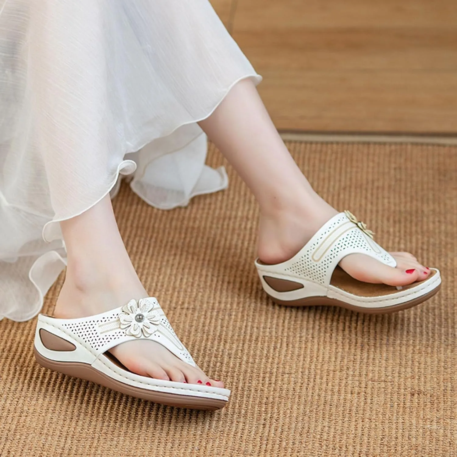 SuanlaTDS Women's Platform Sandals with Arch Support Comfortable Wedge Open Toe Thong Orthopedic Sandals Low Heels Thick Soles Summer Casual Boho Flat Outdoor Slip On Slide Sandals