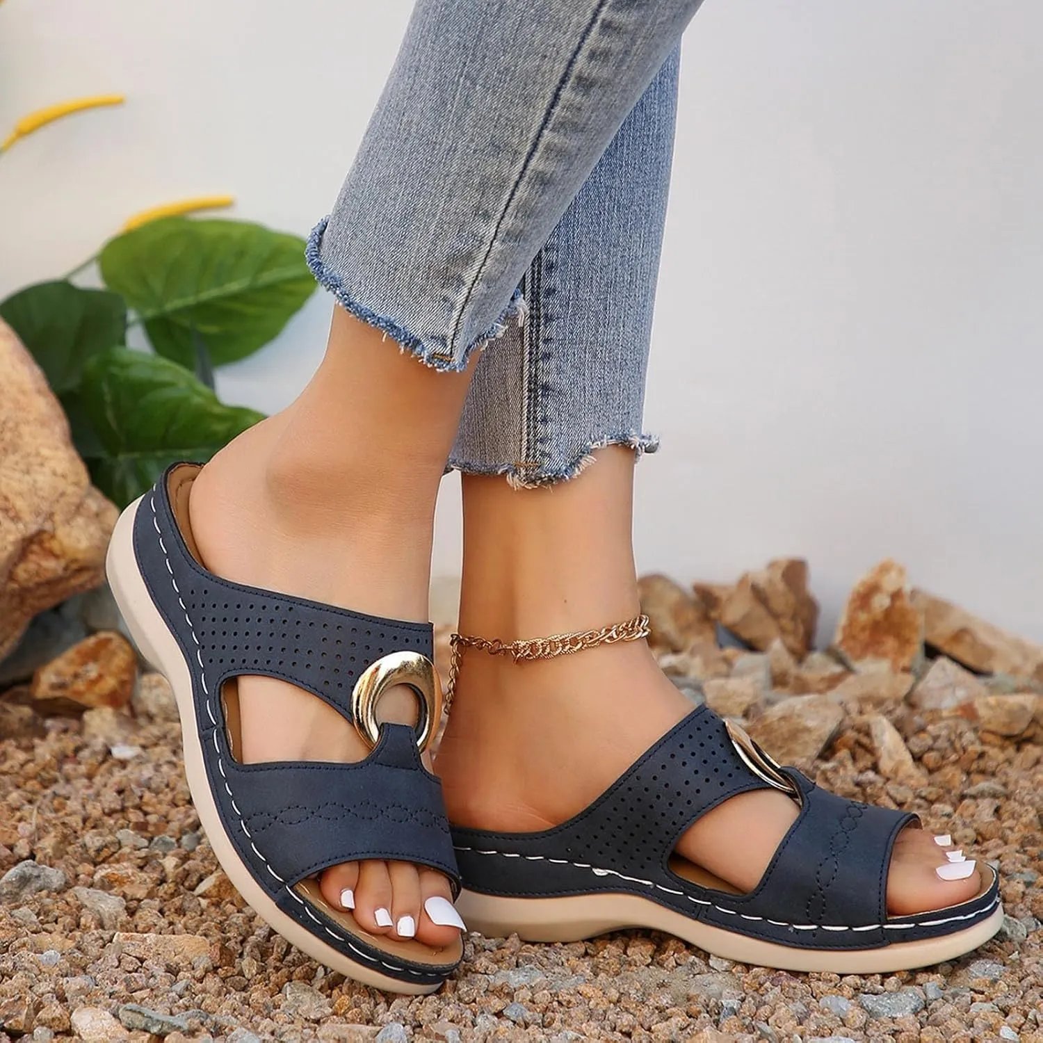 SuanlaTDS Womens Wedge Sandals Comfortable Platform Slip On Slide Sandals for Outdoor Walking Vacation Orthopedic Shoes Casual Summer Open Toe Low Heels Wedges Besch Sandals