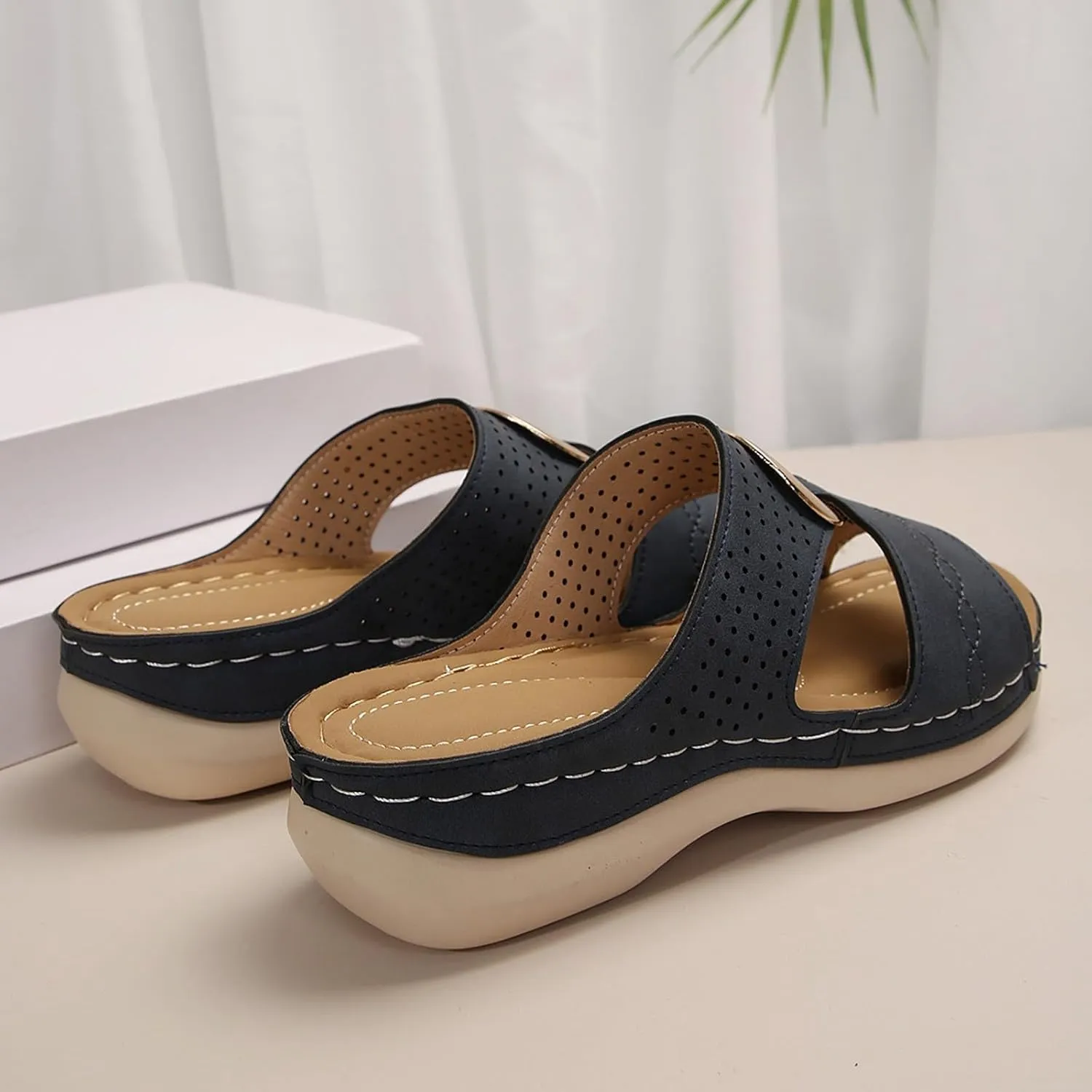 SuanlaTDS Womens Wedge Sandals Comfortable Platform Slip On Slide Sandals for Outdoor Walking Vacation Orthopedic Shoes Casual Summer Open Toe Low Heels Wedges Besch Sandals