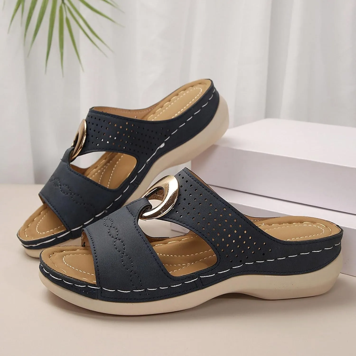 SuanlaTDS Womens Wedge Sandals Comfortable Platform Slip On Slide Sandals for Outdoor Walking Vacation Orthopedic Shoes Casual Summer Open Toe Low Heels Wedges Besch Sandals
