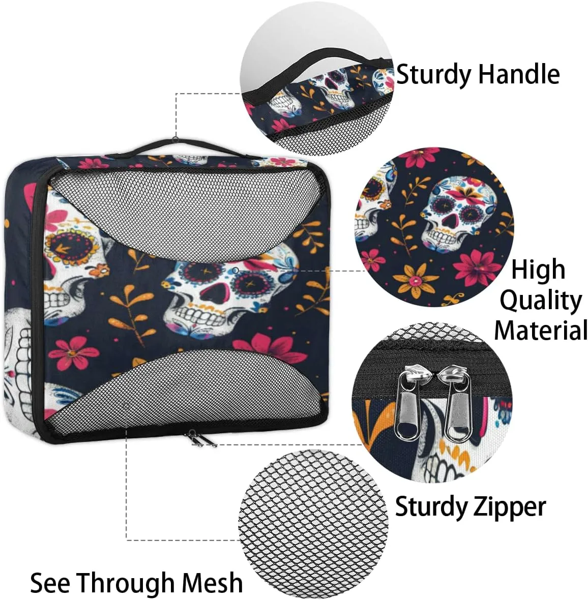 Sugar Skull Packing Cubes for Suitcases Luggage Organizer Bags Set Travel Packing Organizers Multiple Sizes for Clothes Shoes Cosmetics Toiletries