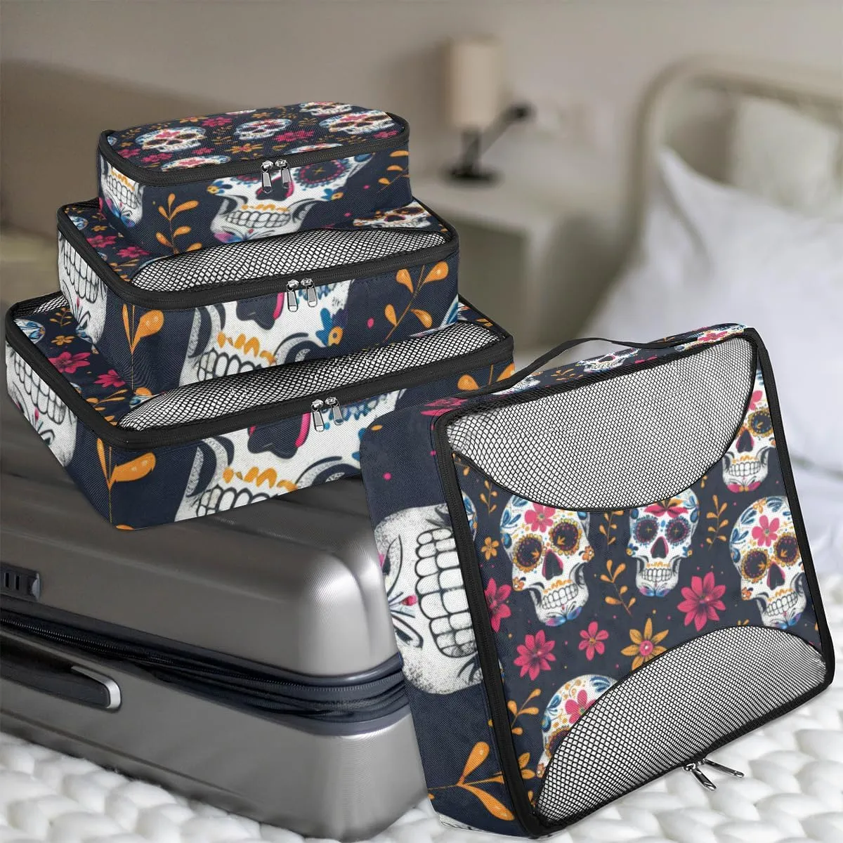 Sugar Skull Packing Cubes for Suitcases Luggage Organizer Bags Set Travel Packing Organizers Multiple Sizes for Clothes Shoes Cosmetics Toiletries