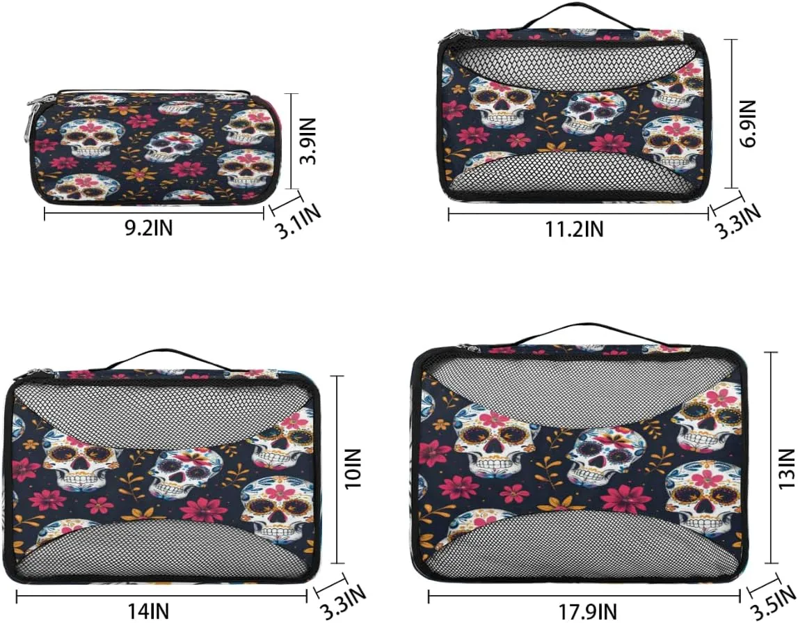 Sugar Skull Packing Cubes for Suitcases Luggage Organizer Bags Set Travel Packing Organizers Multiple Sizes for Clothes Shoes Cosmetics Toiletries