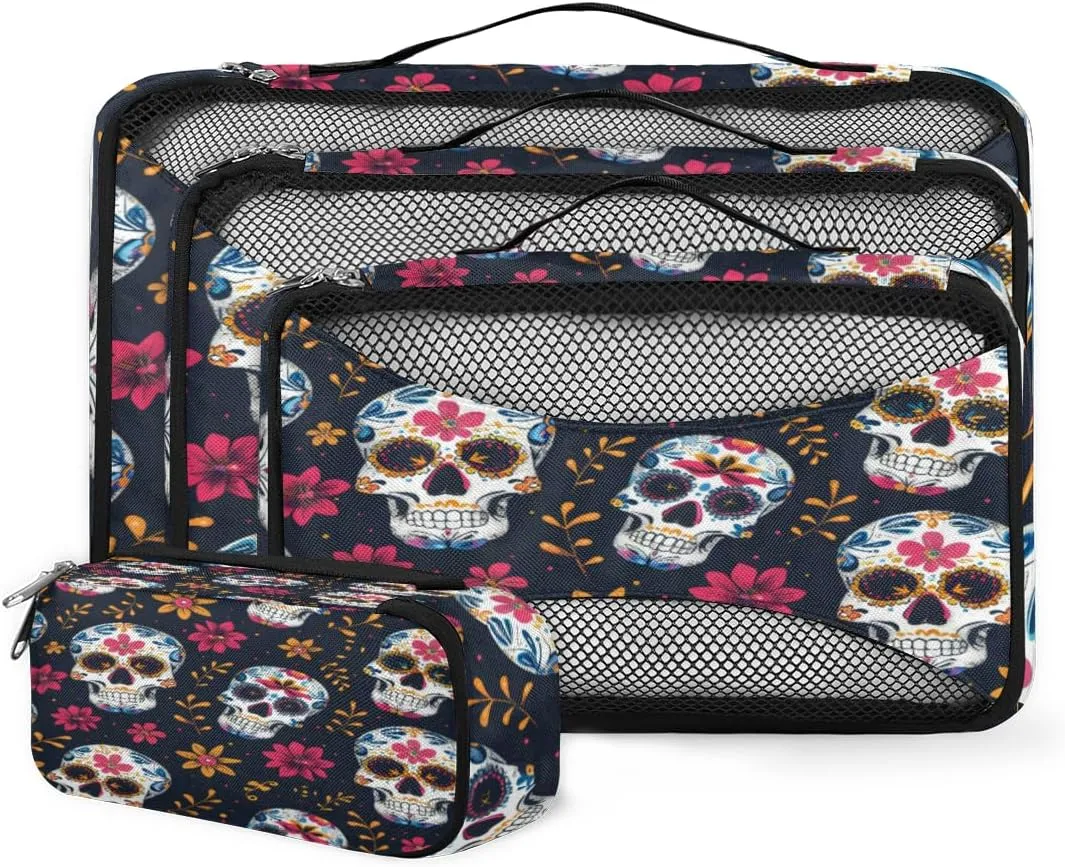 Sugar Skull Packing Cubes for Suitcases Luggage Organizer Bags Set Travel Packing Organizers Multiple Sizes for Clothes Shoes Cosmetics Toiletries