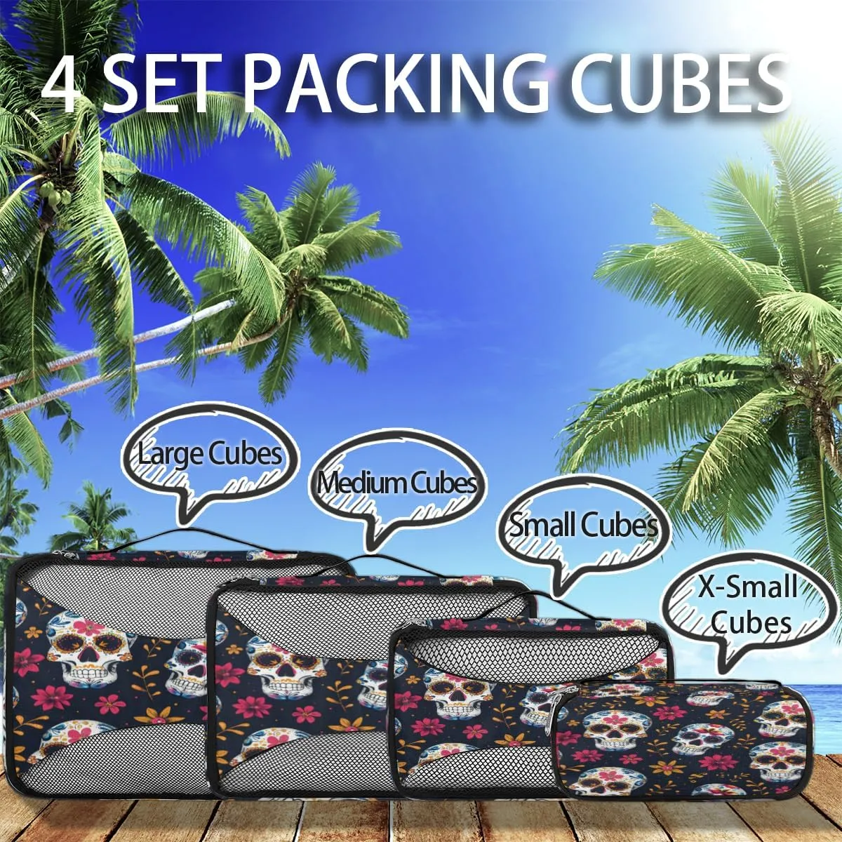 Sugar Skull Packing Cubes for Suitcases Luggage Organizer Bags Set Travel Packing Organizers Multiple Sizes for Clothes Shoes Cosmetics Toiletries