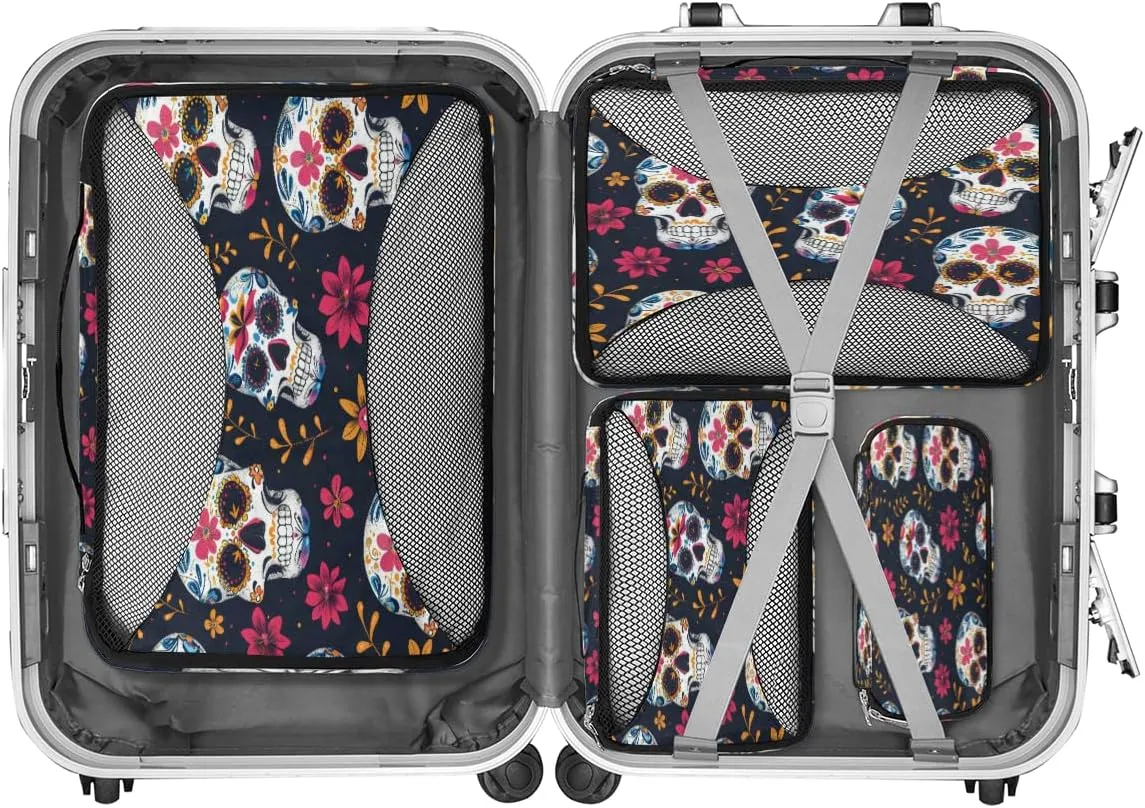 Sugar Skull Packing Cubes for Suitcases Luggage Organizer Bags Set Travel Packing Organizers Multiple Sizes for Clothes Shoes Cosmetics Toiletries