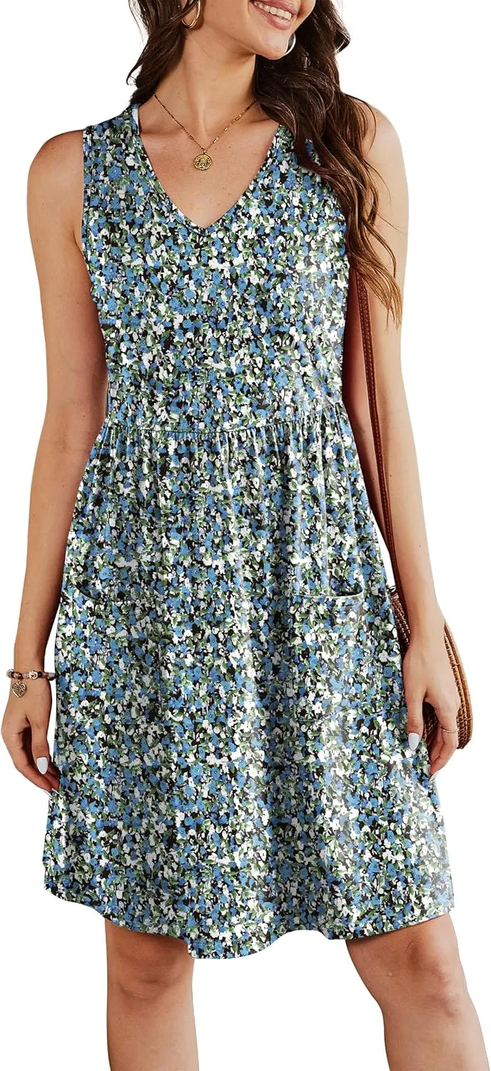 Summer Casual Midi Dresses for Women 2025 Vacation- Womens Sleeveless Knee Length Sundress with Pockets Loose Fit