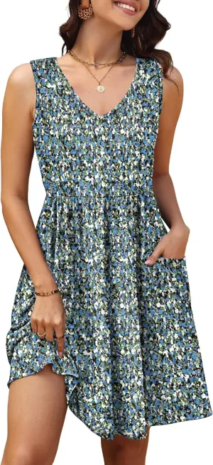 Summer Casual Midi Dresses for Women 2025 Vacation- Womens Sleeveless Knee Length Sundress with Pockets Loose Fit