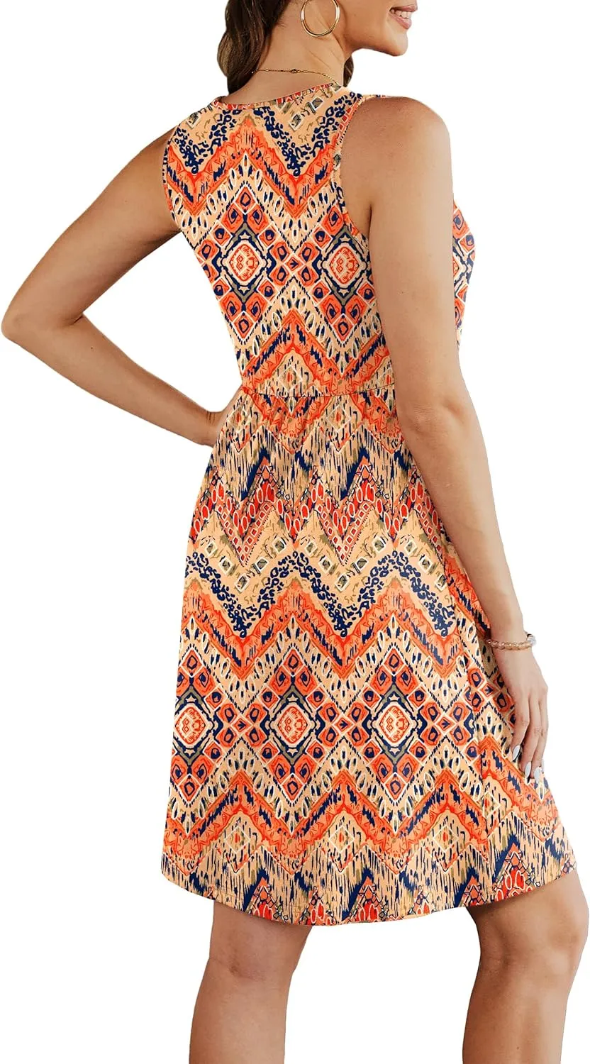 Summer Casual Midi Dresses for Women 2025 Vacation- Womens Sleeveless Knee Length Sundress with Pockets Loose Fit