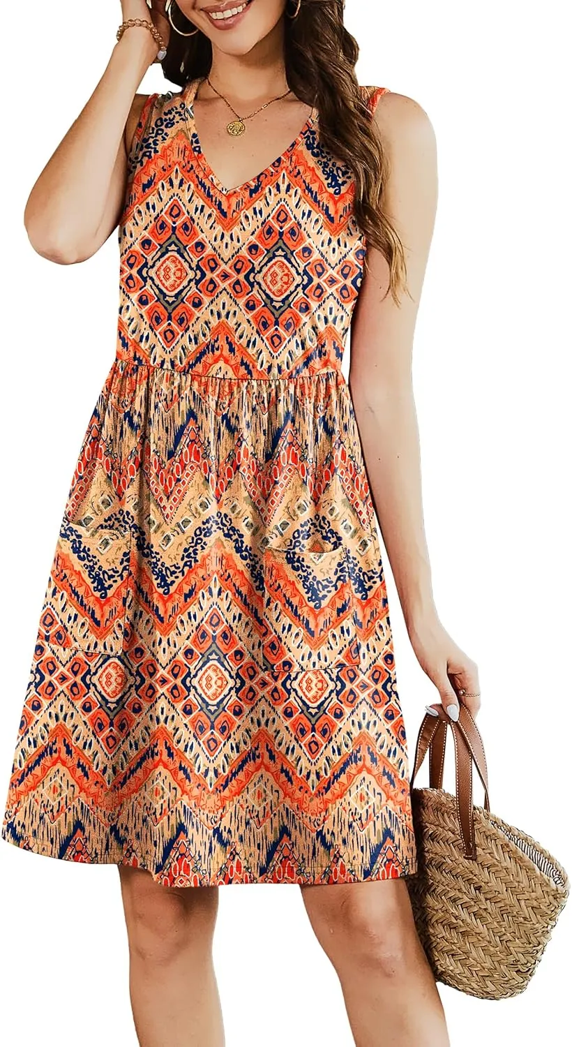 Summer Casual Midi Dresses for Women 2025 Vacation- Womens Sleeveless Knee Length Sundress with Pockets Loose Fit