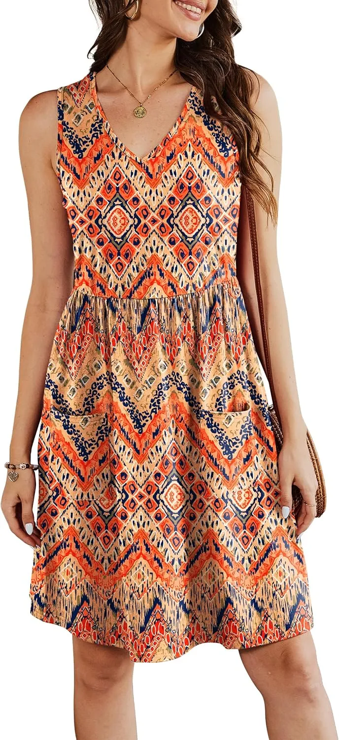 Summer Casual Midi Dresses for Women 2025 Vacation- Womens Sleeveless Knee Length Sundress with Pockets Loose Fit