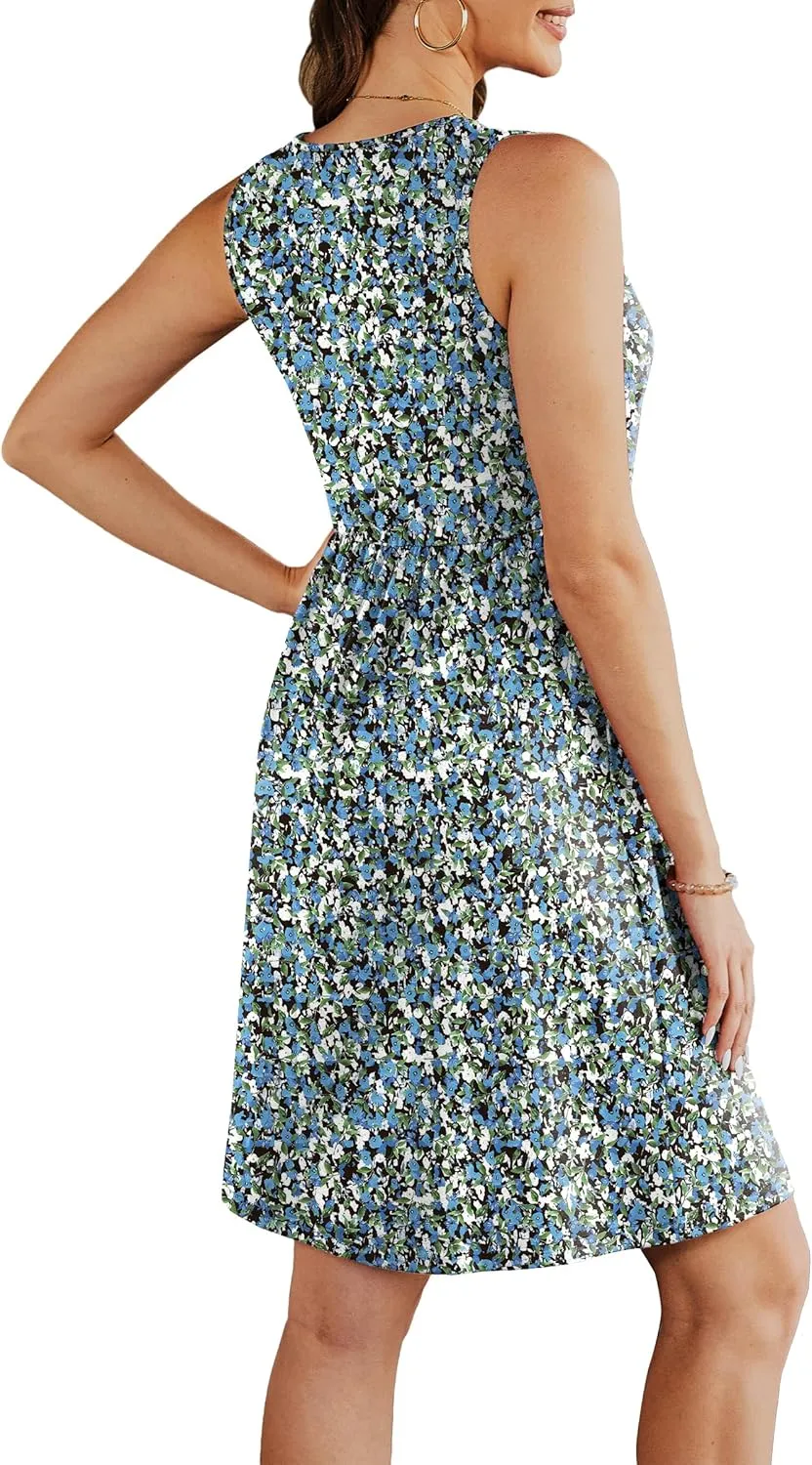 Summer Casual Midi Dresses for Women 2025 Vacation- Womens Sleeveless Knee Length Sundress with Pockets Loose Fit