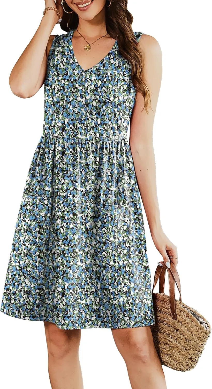 Summer Casual Midi Dresses for Women 2025 Vacation- Womens Sleeveless Knee Length Sundress with Pockets Loose Fit