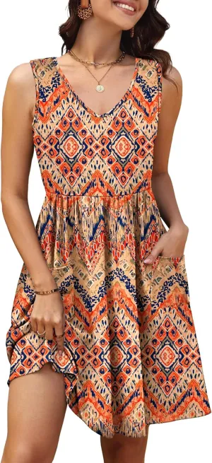 Summer Casual Midi Dresses for Women 2025 Vacation- Womens Sleeveless Knee Length Sundress with Pockets Loose Fit