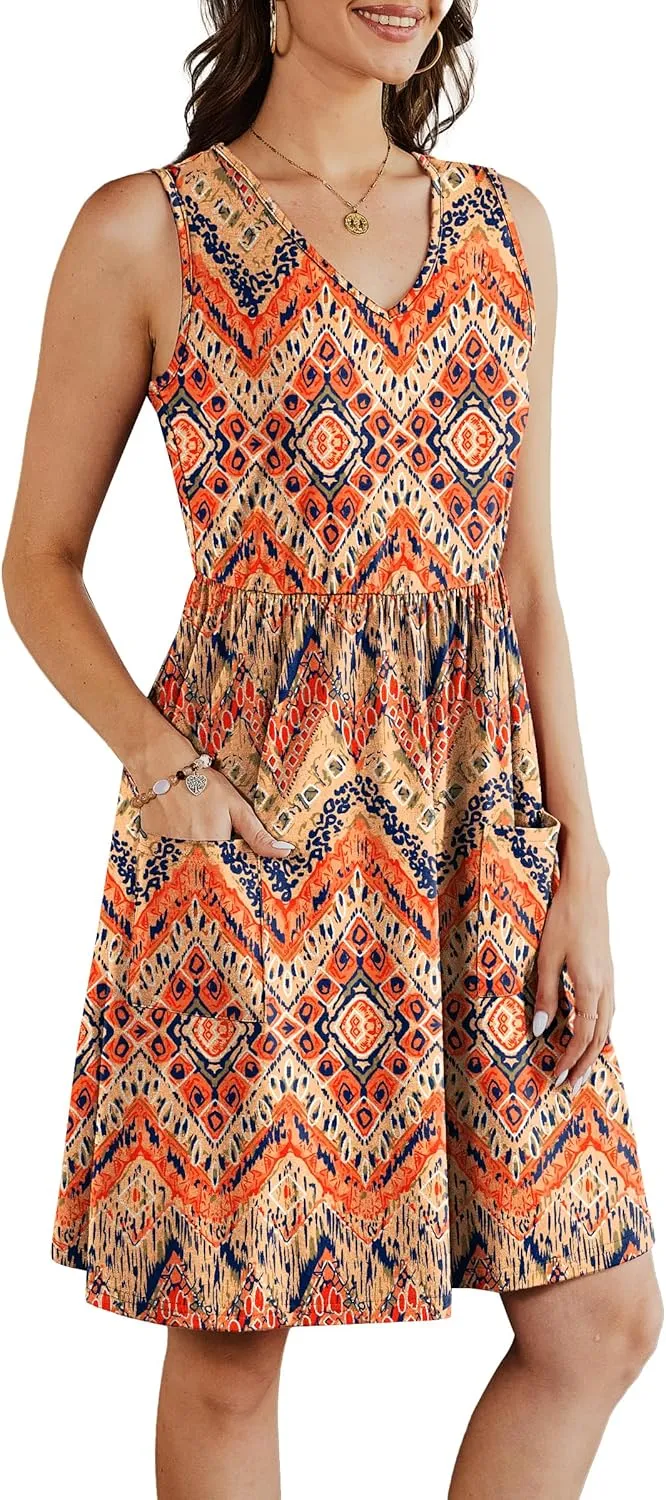 Summer Casual Midi Dresses for Women 2025 Vacation- Womens Sleeveless Knee Length Sundress with Pockets Loose Fit