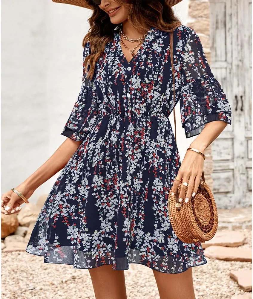 Summer Casual Women's V Neck Short-Sleeved Mini Dress Printed high-Waisted Ruffle Flutter A-line Dress