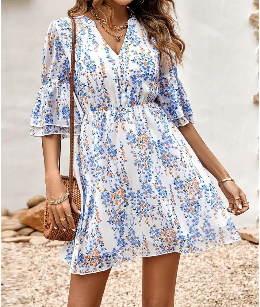 Summer Casual Women's V Neck Short-Sleeved Mini Dress Printed high-Waisted Ruffle Flutter A-line Dress