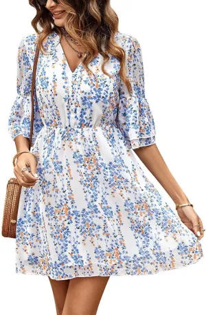 Summer Casual Women's V Neck Short-Sleeved Mini Dress Printed high-Waisted Ruffle Flutter A-line Dress