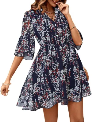 Summer Casual Women's V Neck Short-Sleeved Mini Dress Printed high-Waisted Ruffle Flutter A-line Dress
