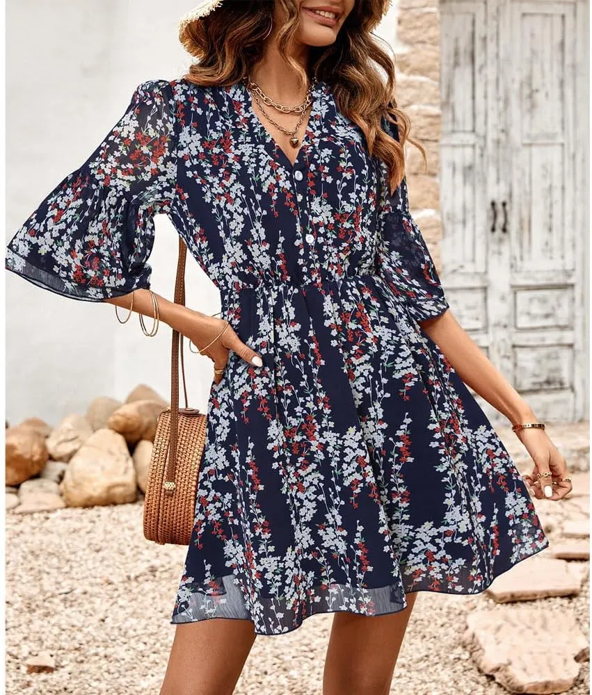 Summer Casual Women's V Neck Short-Sleeved Mini Dress Printed high-Waisted Ruffle Flutter A-line Dress