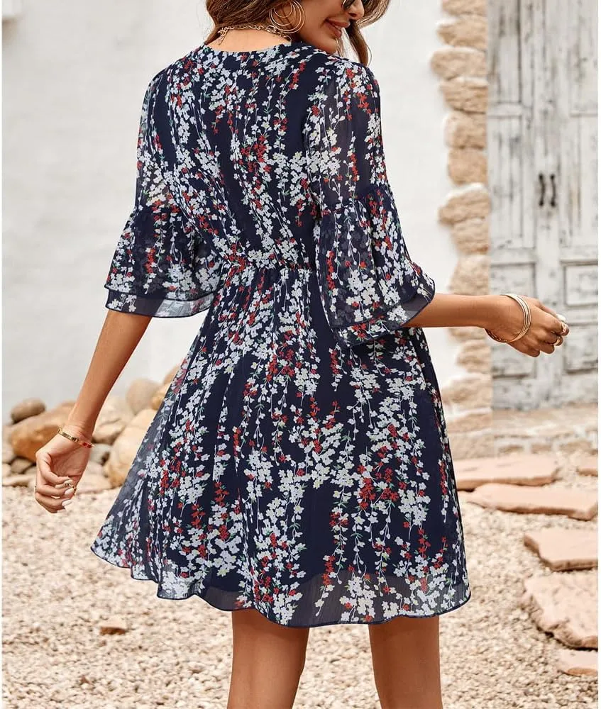 Summer Casual Women's V Neck Short-Sleeved Mini Dress Printed high-Waisted Ruffle Flutter A-line Dress