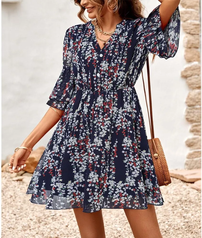 Summer Casual Women's V Neck Short-Sleeved Mini Dress Printed high-Waisted Ruffle Flutter A-line Dress