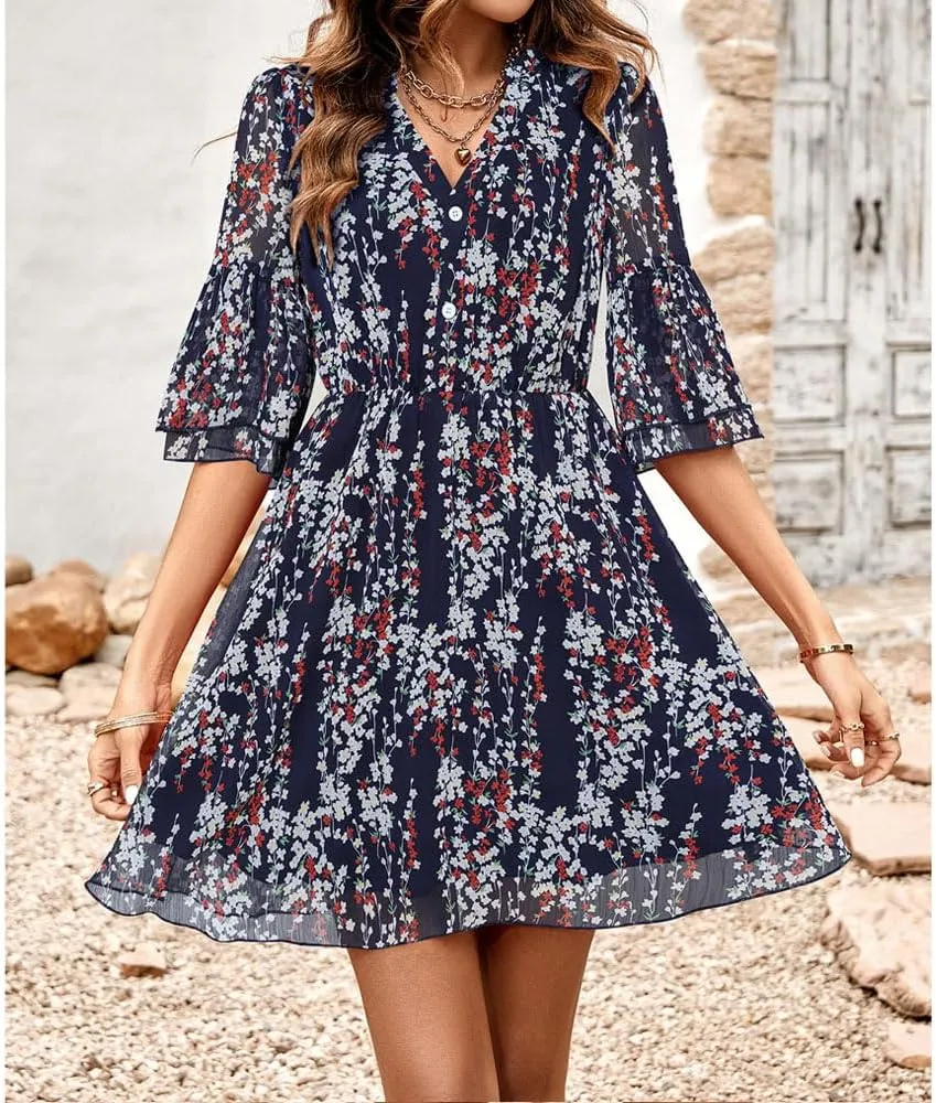 Summer Casual Women's V Neck Short-Sleeved Mini Dress Printed high-Waisted Ruffle Flutter A-line Dress