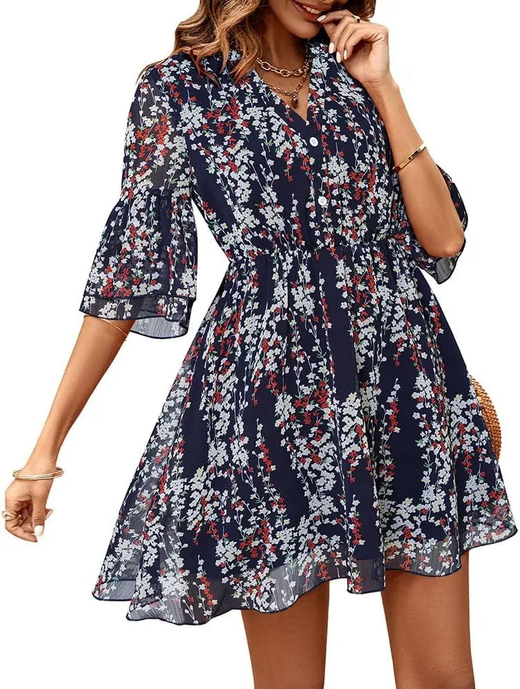 Summer Casual Women's V Neck Short-Sleeved Mini Dress Printed high-Waisted Ruffle Flutter A-line Dress