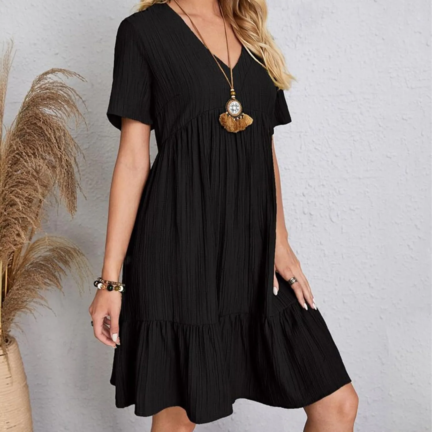 Summer Dresses for Women 2025 Casual Short Sleeve V Neck Midi Dress Pleated Tiered A Line Flowy Sundresses Vacation Clothes