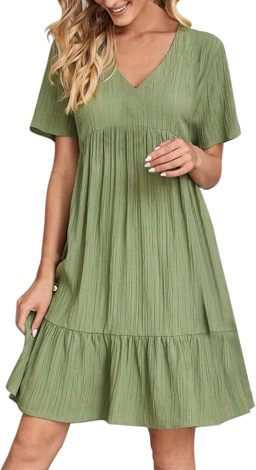 Summer Dresses for Women 2025 Casual Short Sleeve V Neck Midi Dress Pleated Tiered A Line Flowy Sundresses Vacation Clothes