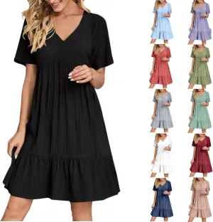 Summer Dresses for Women 2025 Casual Short Sleeve V Neck Midi Dress Pleated Tiered A Line Flowy Sundresses Vacation Clothes