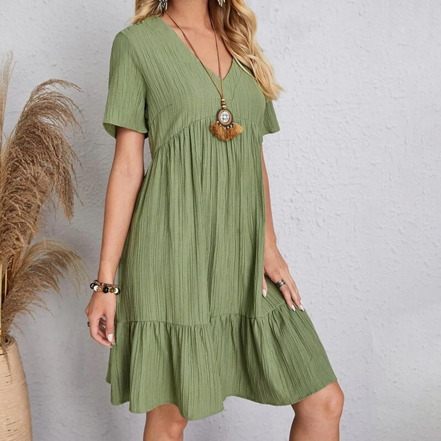 Summer Dresses for Women 2025 Casual Short Sleeve V Neck Midi Dress Pleated Tiered A Line Flowy Sundresses Vacation Clothes