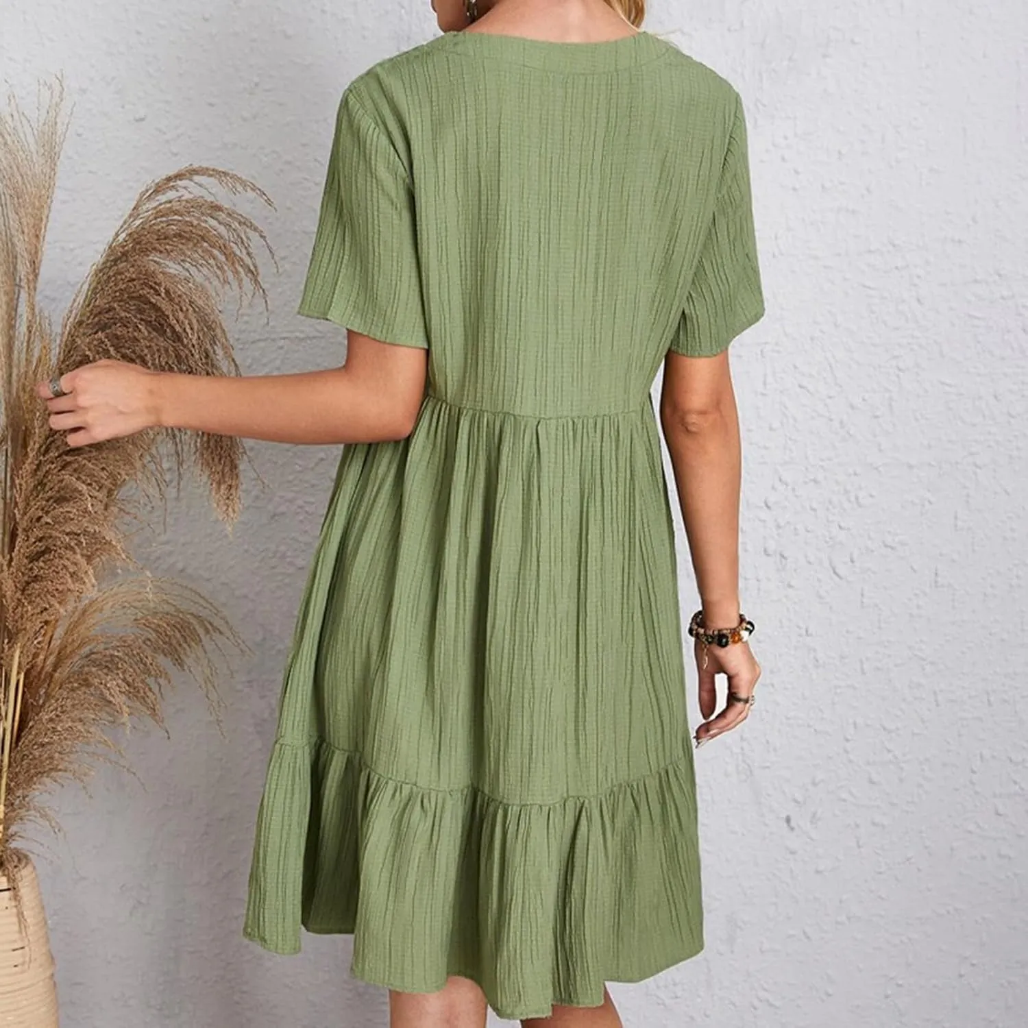 Summer Dresses for Women 2025 Casual Short Sleeve V Neck Midi Dress Pleated Tiered A Line Flowy Sundresses Vacation Clothes
