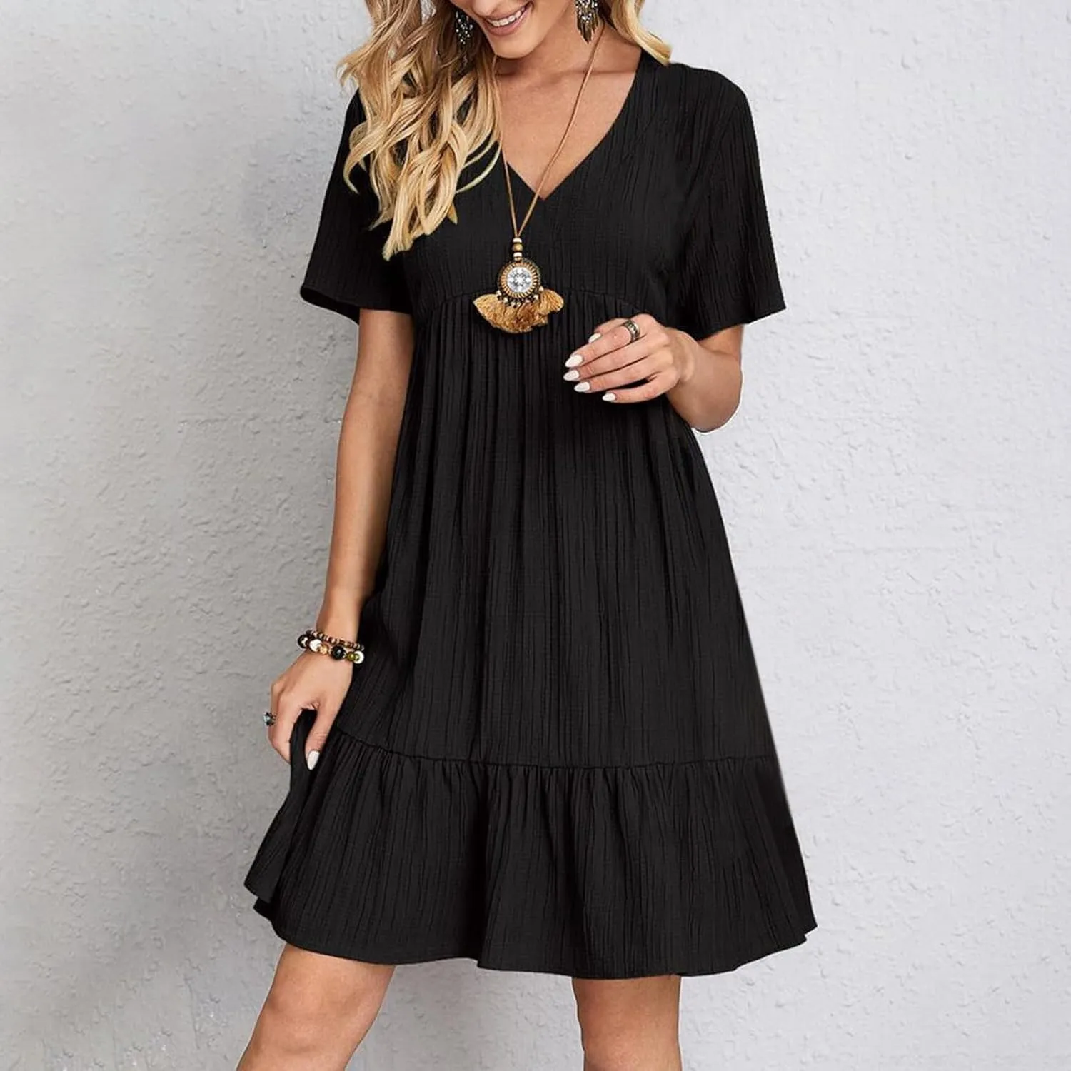 Summer Dresses for Women 2025 Casual Short Sleeve V Neck Midi Dress Pleated Tiered A Line Flowy Sundresses Vacation Clothes