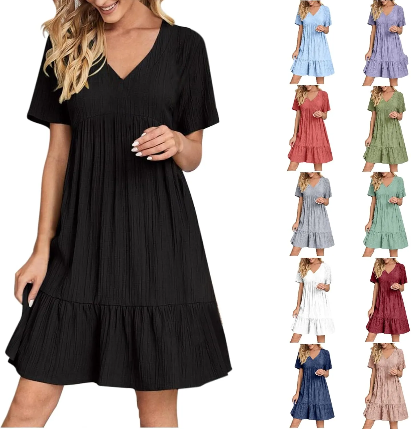 Summer Dresses for Women 2025 Casual Short Sleeve V Neck Midi Dress Pleated Tiered A Line Flowy Sundresses Vacation Clothes