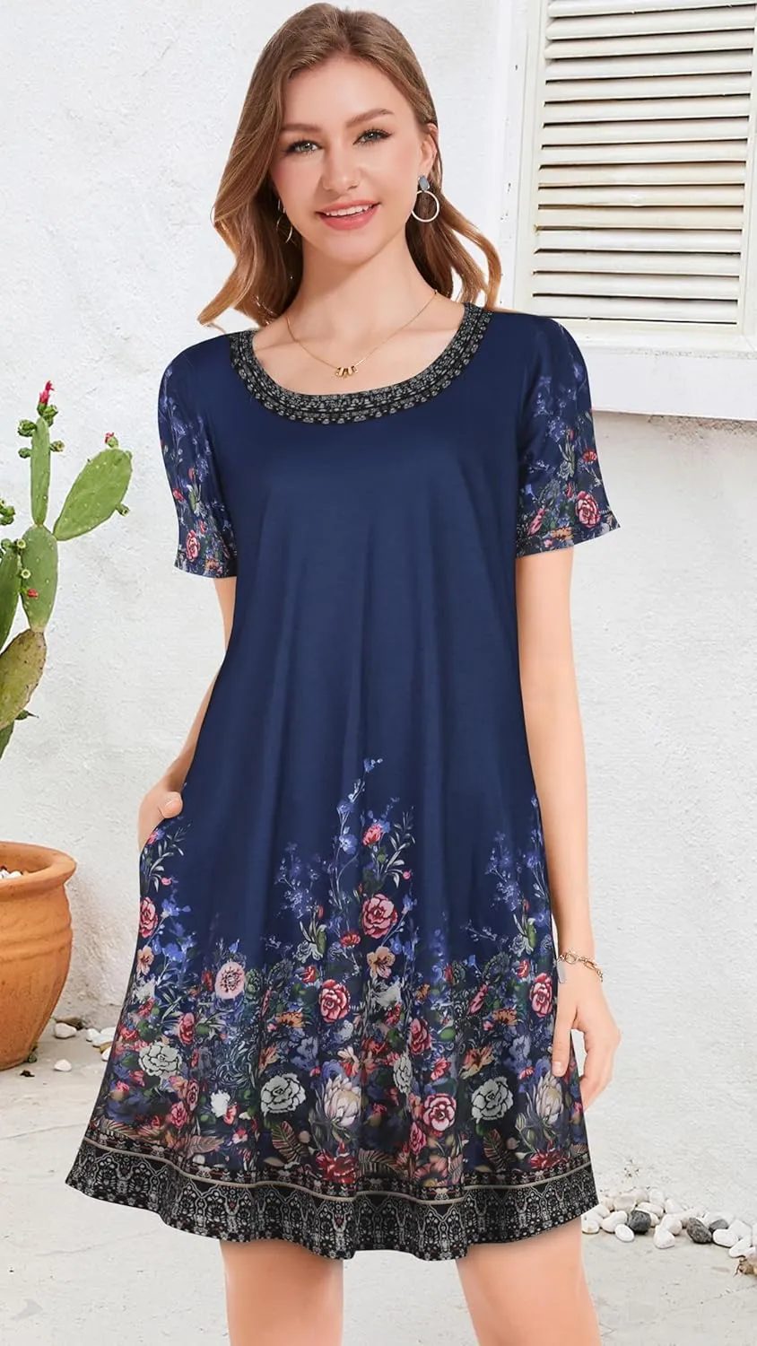 Summer Dresses for Women Casual Short Sleeve Sundress Scoop Neck Beach T Shirt Dress with Pockets