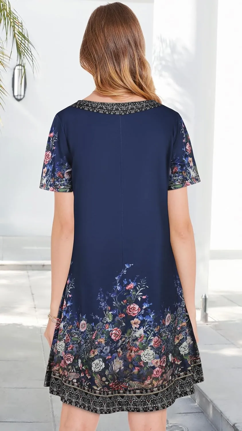 Summer Dresses for Women Casual Short Sleeve Sundress Scoop Neck Beach T Shirt Dress with Pockets