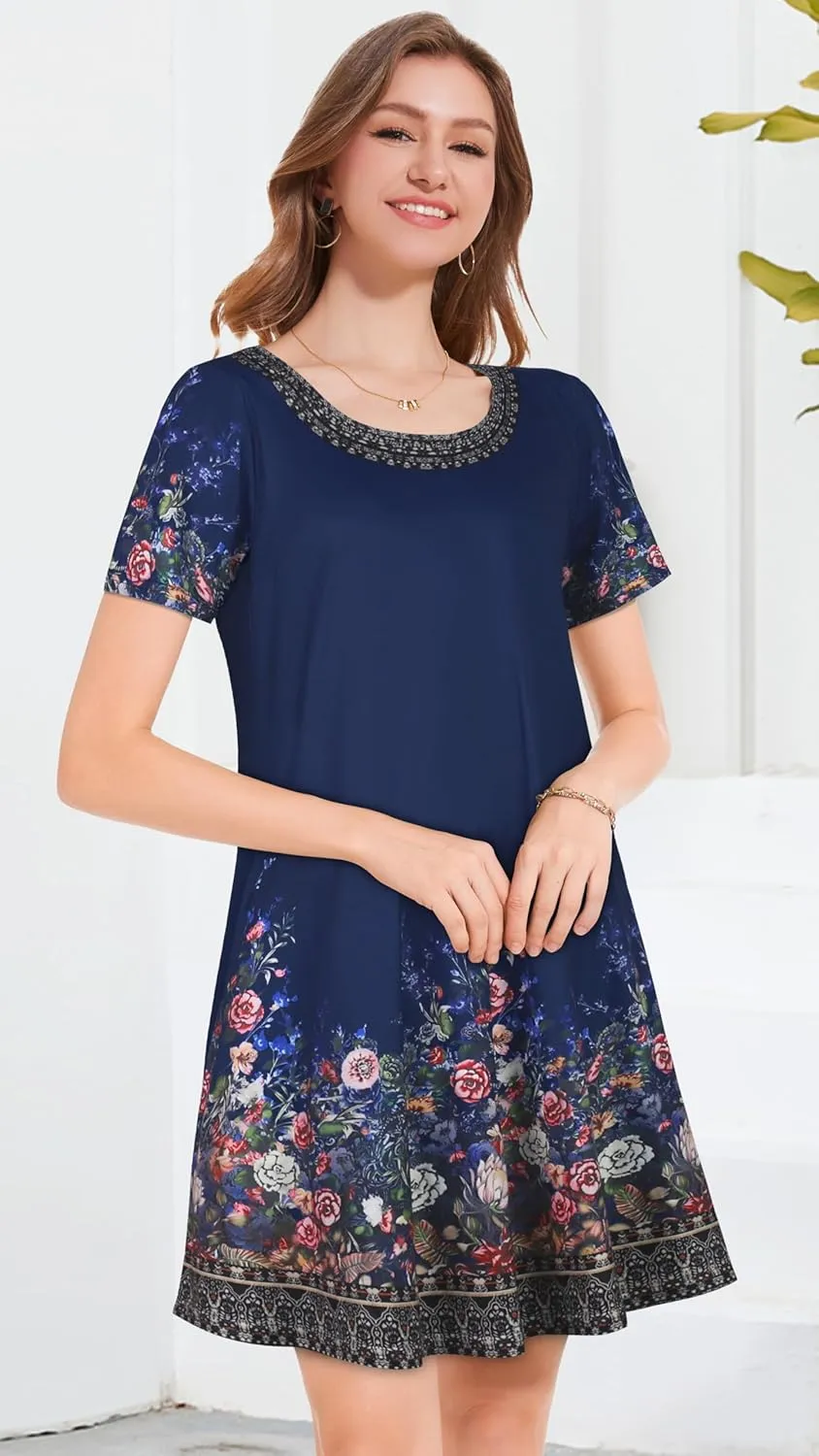Summer Dresses for Women Casual Short Sleeve Sundress Scoop Neck Beach T Shirt Dress with Pockets