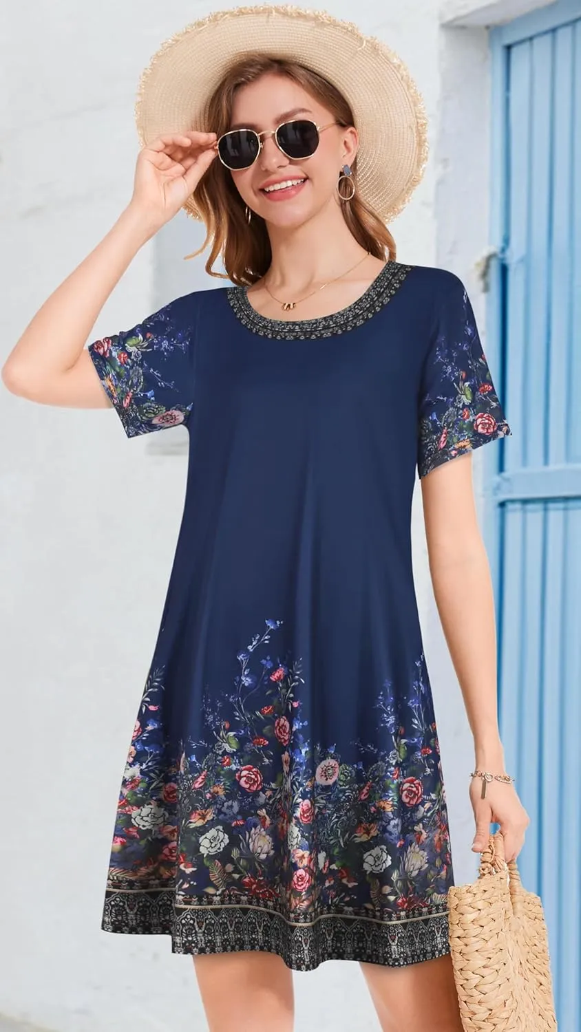 Summer Dresses for Women Casual Short Sleeve Sundress Scoop Neck Beach T Shirt Dress with Pockets