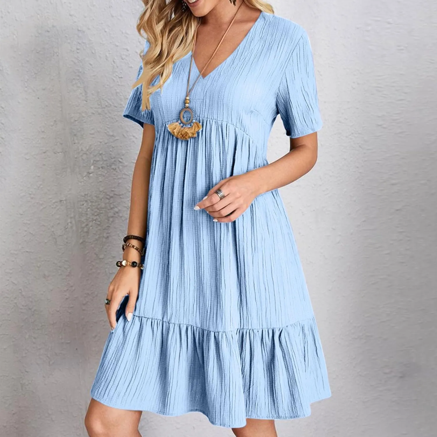 Summer Dresses for Women Short Sleeve V Neck Vacation T Shirt Dress Ruffle Pleated Flowy Beach Sundresses