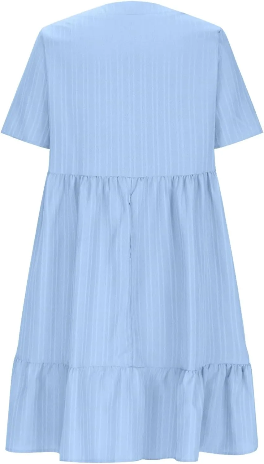 Summer Dresses for Women Short Sleeve V Neck Vacation T Shirt Dress Ruffle Pleated Flowy Beach Sundresses
